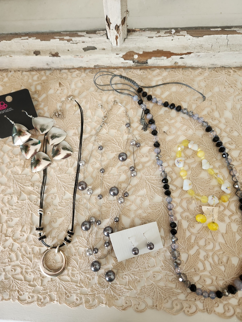 Multi-Strand Grey Bead Necklace with Earrings - Women Jewelry Bundle